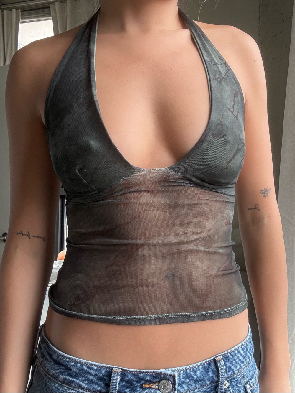 Urban Outfitters Sheer Halter Mesh Tank Top in Olive Green